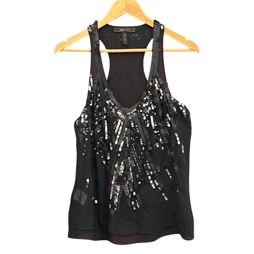 NWT BCBG Max Azria Black Silk Sequin Racerback Tank Top Y2K Evening